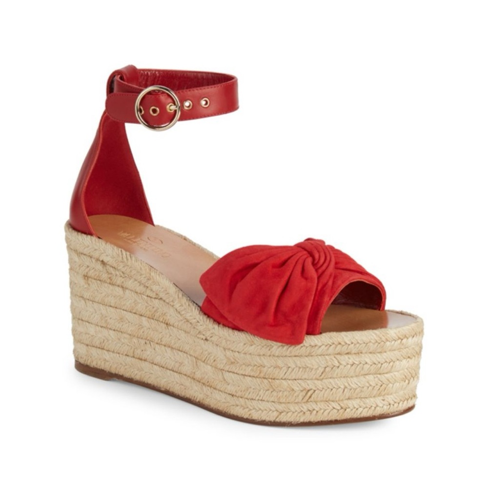 Valentino Garavani Rosso Bow Suede Wedge Sandals in red